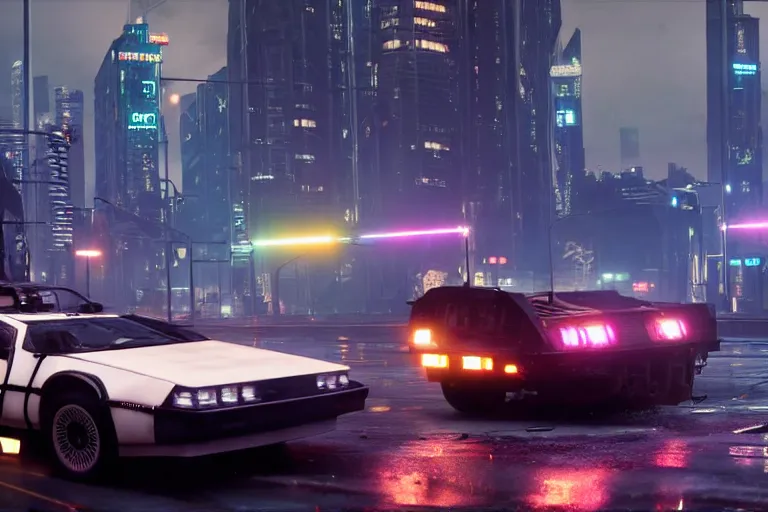 Prompt: photo of the back to the future combat delorean driving on wet cyberpunk city streets at night, rocket league, mad max, action, speed, volumetric lighting, hdr, gta 5, makoto shinkai, syd mead, craig mullins, cinematic, fast and furious, octane, 8 k, iso 1 0 0, 1 2 mm