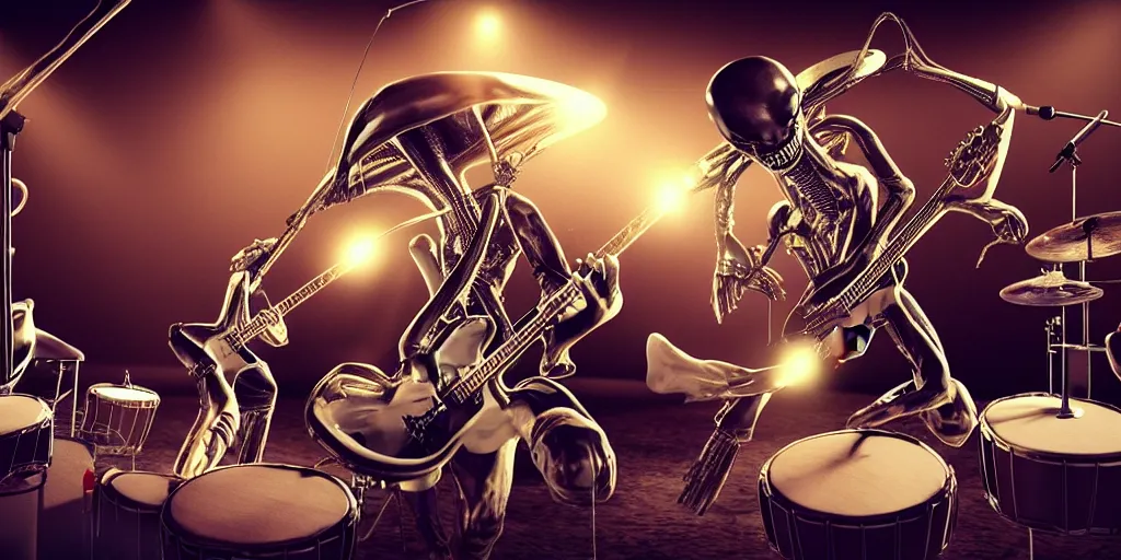 Prompt: aliens band play on drums and guitar, piano, rock concert, alien-drummer, alien-guitar player, realism, 3d render, highly detailed, 4k