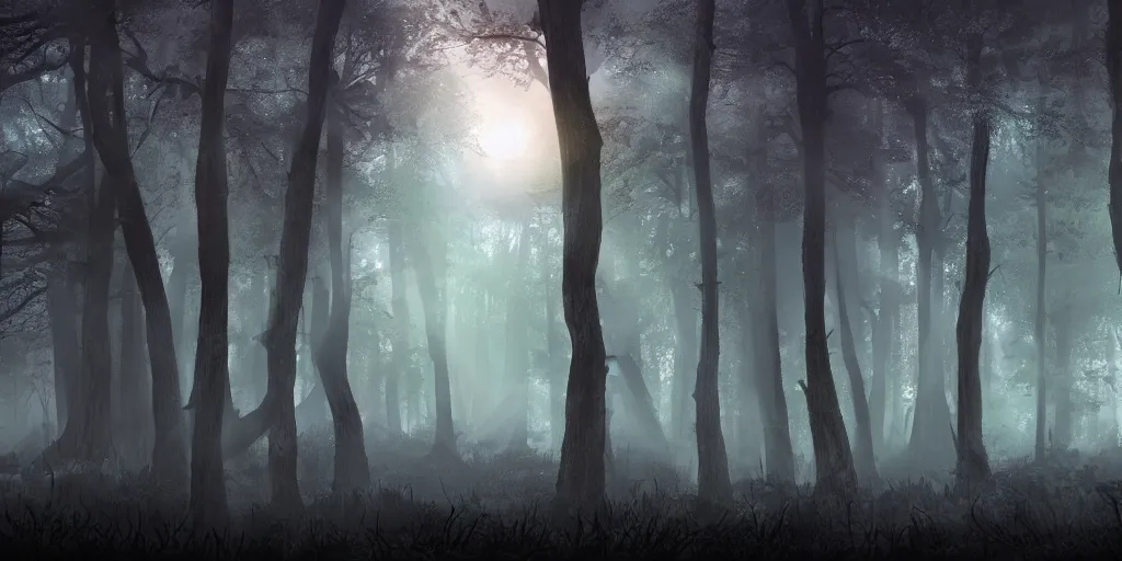 Image similar to beautiful matte painting of a fantasy dark forest at night