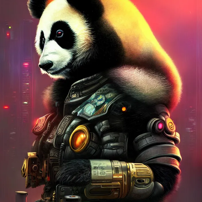 Image similar to cyberpunk panda, naturel, hyper detailed, digital art, trending in artstation, cinematic lighting, studio quality, smooth render, unreal engine 5 rendered, octane rendered, art style by klimt and nixeu and ian sprigger and wlop and krenz cushart.