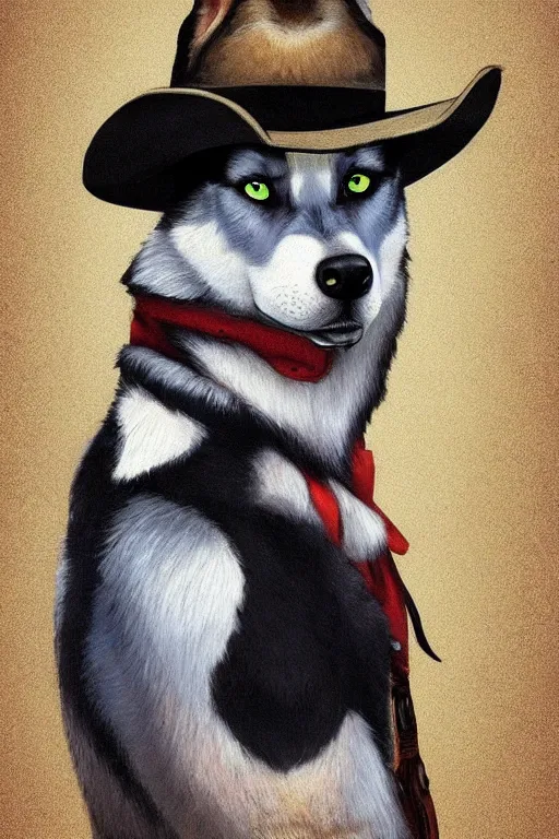 Prompt: a portrait painting of a husky in cowboy costume, wearing a cowboy hat, in the style of anime, trending on artstation