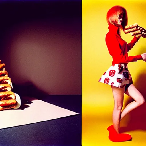 Prompt: a fashion model curls her hair using hot dogs. surreal photograph, toiletpaper magazine, 3 5 mm photograph, by pierpaolo ferrari, maurizio cattelan