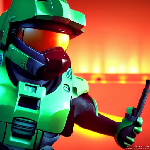 Prompt: master chief with a sausage on his head, while he is dancing and playing guitar hero, 4K, subsurface scattering, global illumination, cinematic lighting, UHD, HDR