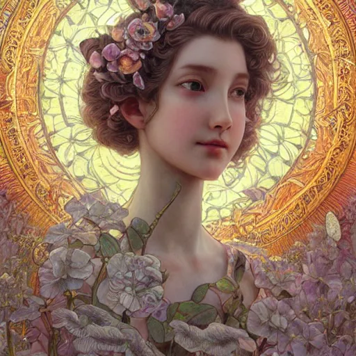 Prompt: aerith gainsborough, intricate, elegant, hyper detailed, finely detailed beautiful angelic symmetry face delicate, smooth, sharp focus, award - winning, masterpiece, in bloom greenhouse, shining light came in through the window, style of tom bagshaw, cedric peyravernay, peter mohrbacher, louis comfort tiffany, victo ngai, 4 k hd illustrative wallpaper