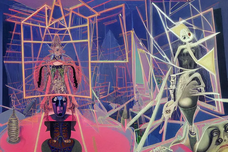 Image similar to a highly detailed beautiful masterpiece painting of a technomancer wizard in dazzle camouflage robes with pointed hood discussing sentience with his synthesized AI djinn hologram in his laboratory near a computer by Remedios Varo and Anato Finnstark and Greg Rutkowski and Andy Warhol and Francis Picabia, dayglo pink, dayglo blue, prismatic, pearlescent white, raven black, hyperrealism, 8k, trending on ArtStation, rendered in Octane, rendered in Unreal engine, award winning, volumetric lighting