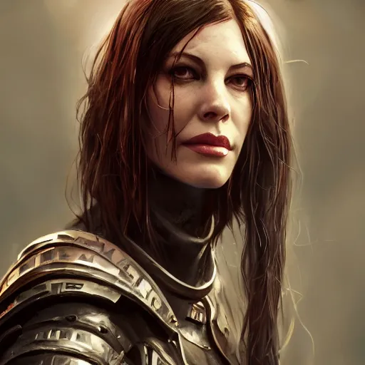 Image similar to liv tyler portrait, dystopia core, apocalyptic, armor, warrior, dramatic, sharp focus, fiction, neon, fantasy, hyper detailed, digital art, trending in artstation, cinematic lighting, studio quality, smooth render, unreal engine 5 rendered, octane rendered, art style and nixeu and wlop and krenz cushart