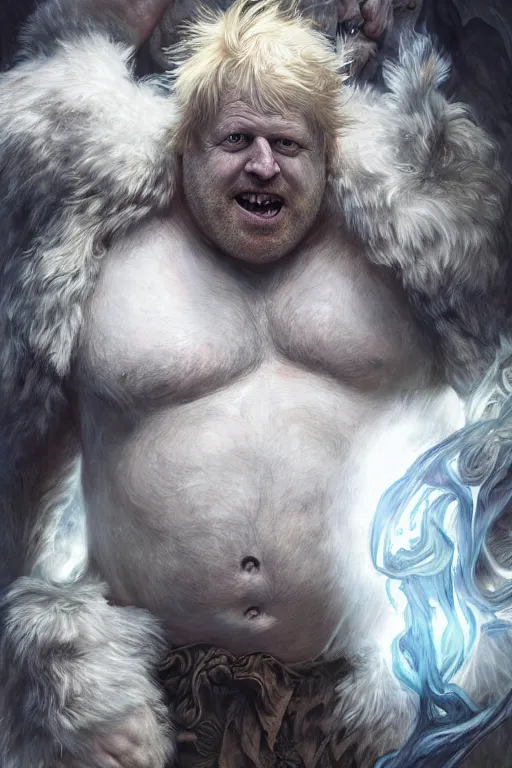 Image similar to portrait of boris johnson as a hairy hulking herculean demon, forest, godlike, full body, fantasy, intricate, elegant, highly detailed, digital painting, artstation, concept art, sharp focus, illustration, art by artgerm and greg rutkowski and alphonse mucha