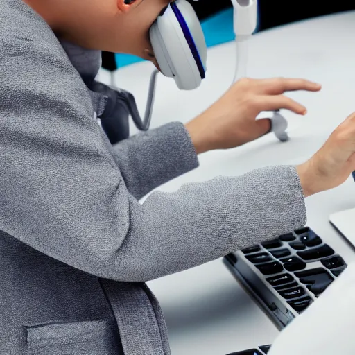 Image similar to An anthropomorphic grey dolphin in a white lab-coat playing games on a computer, digital painting, close-up, wearing a headset