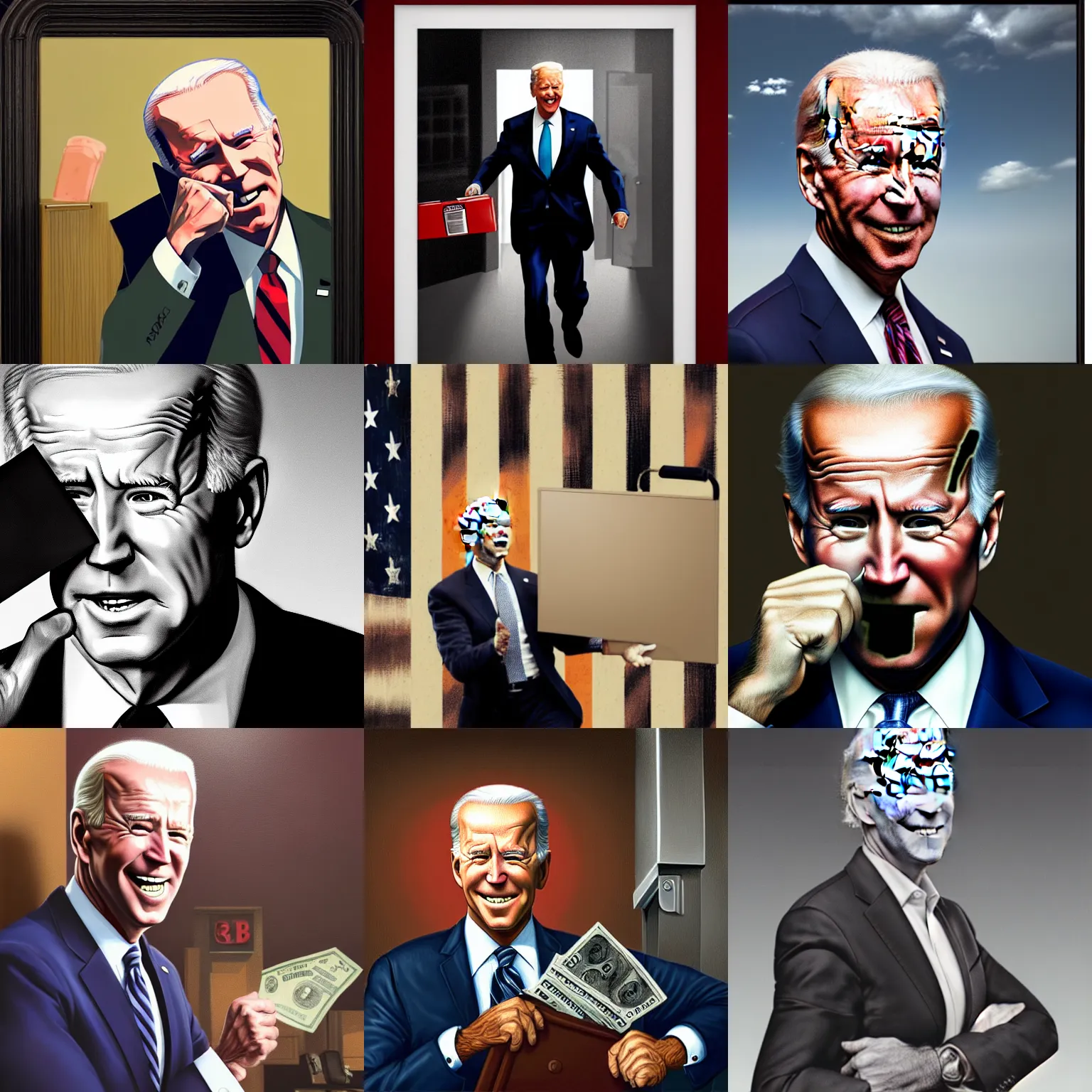 Prompt: a very high resolution matte oil painting of portrait joe biden robbing a bank, extremely detailed, disturbing, cinematic, 4 k, 8 k