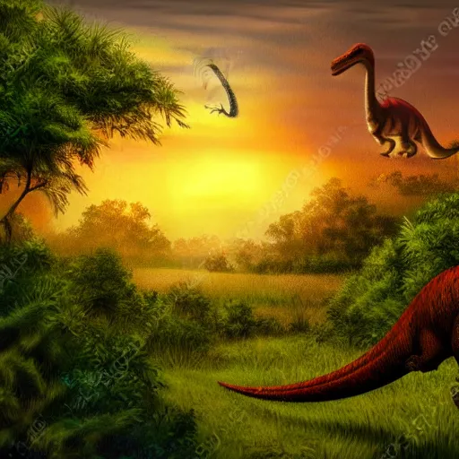 Prompt: dinosaur in the distance walking through shrubbery, over hills, misty, sunset, painting, detailed landscape