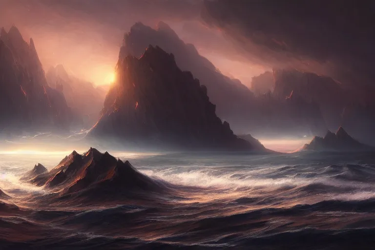 Image similar to cinematic painting by jessica rossier, darkness over a primordial ocean, in the beginning god created the heavens and the earth, now the earth was formless and empty, darkness was over the surface of the deep, and the spirit of god was hovering over the waters.