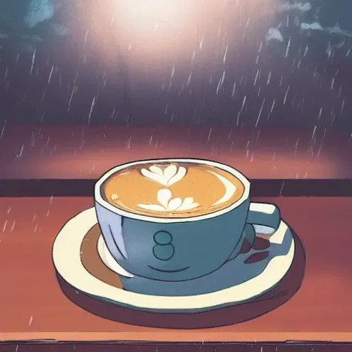 Image similar to coffee on a table, rainy day, anime, ghibli, 9 0 s, retro style, aesthetic, chill, room