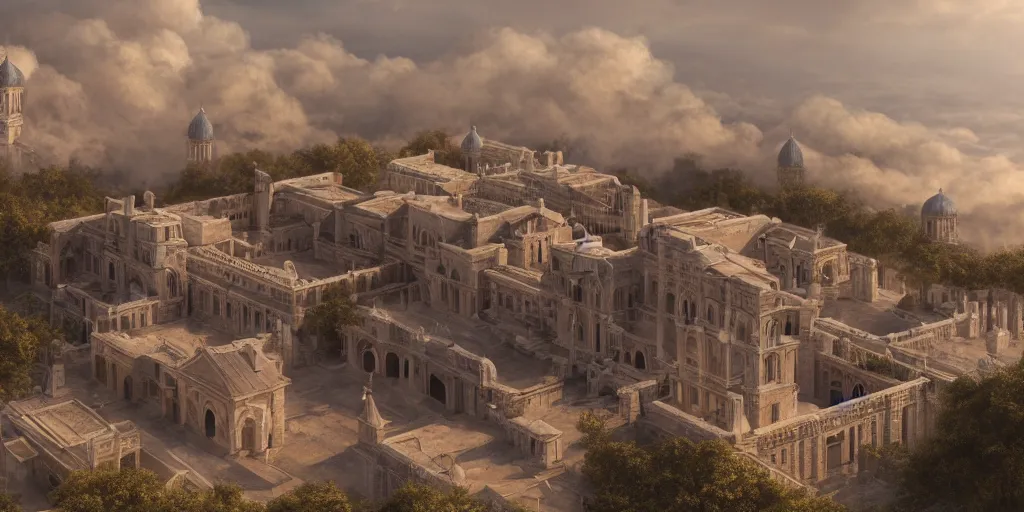 Prompt: beautiful digital illustration of a Byzantine palace in a sea of clouds, fluffy pastel clouds, establishing shot, cinematic, architecture, concept art, deviantArt, artsation, artstation HQ, HD, 16k resolution, smooth, sharp detail, amazing depth, octane, finalRender, Unreal Engine