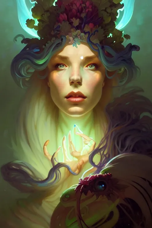 Prompt: portrait, bioluminescent druid, elegant baroque, asymmetrical art, hyperrealism, colorful, vivid, imposing, epic, digital painting, artstation, concept art, by peter mohrbacher and wlop and rhads and artgerm and magali villeneuve and alphonse mucha