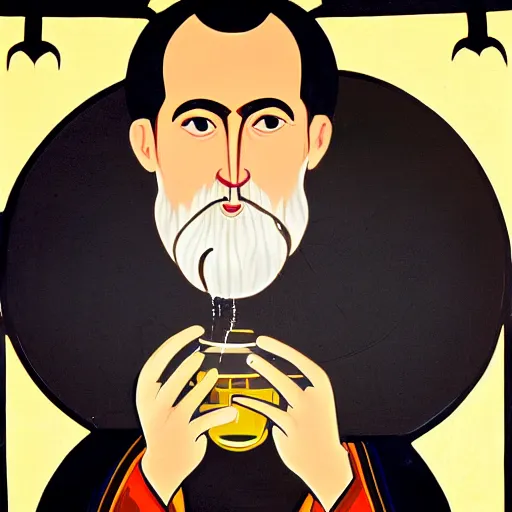 Prompt: pop art of an Orthodox monk drinking wine