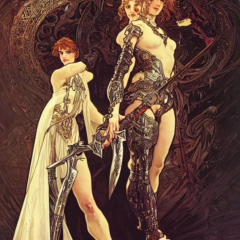 Prompt: paladin holding sword by alphonse mucha, ayami kojima, amano, greg hildebrandt, and mark brooks, female, feminine, art nouveau, cyberpunk, neo - gothic, gothic, character concept design