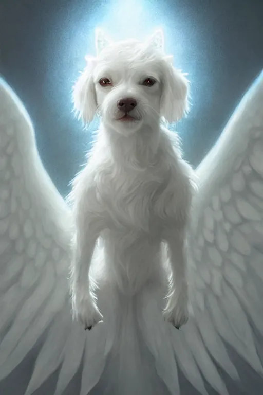 Prompt: a small white dog with angel wings and a halo, highly detailed, d & d, fantasy digital painting, trending on artstation, concept art, sharp focus, illustration, global illumination, ray tracing, realistic shaded, art by artgerm and greg rutkowski and fuji choko and viktoria gavrilenko and hoang lap