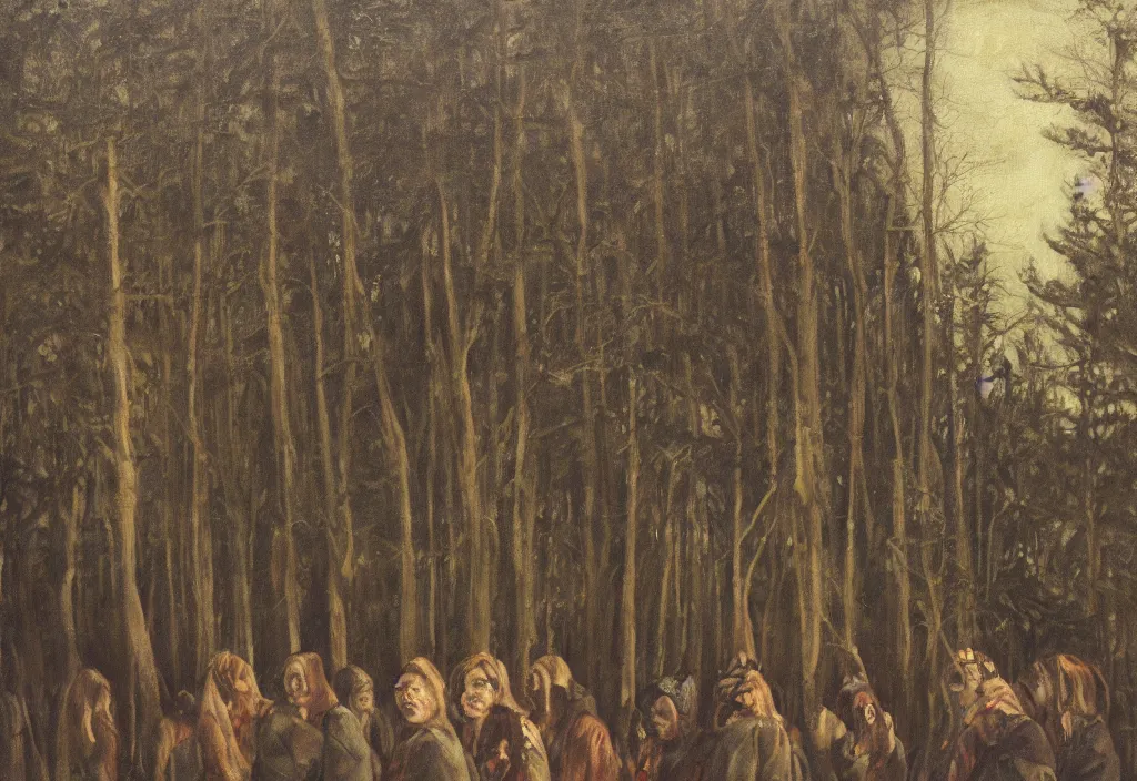 Prompt: a tribe of women gathered in a forest, north, mysterious, dark, oil painting, ominous, by hjalmar munsterhjelm, by fanny churberg