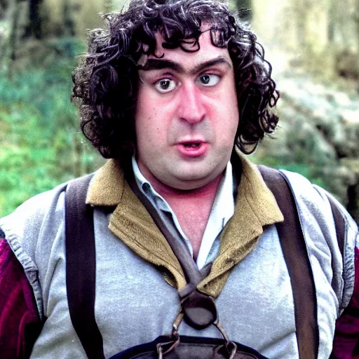 Prompt: close up of a frowning clean shaven pudgy British lad with short curly dark brown hair as a hobbit wearing a white men's crossbody sling chest bag and blue vest, blue vest!! white crossbody chestbag!! high resolution film still, movie by Peter Jackson