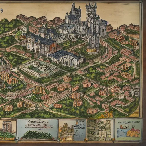 Image similar to map of a fantasy city with a castle, a tempme and a market. very detailed.