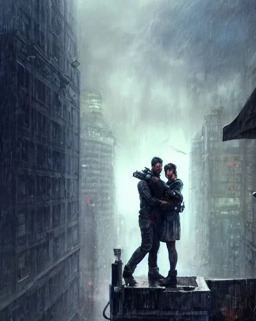 Prompt: epic portrait cinematic shot two survivors standing on a rooftop, apocalyptic city backround, cloudy, stormy, rainy, wet, fine details. night setting. realistic shaded lighting poster by craig mullism, artgerm, jeremy lipkin and michael garmash, unreal engine, radiant light, detailed and intricate environment, digital art, trending on art station,