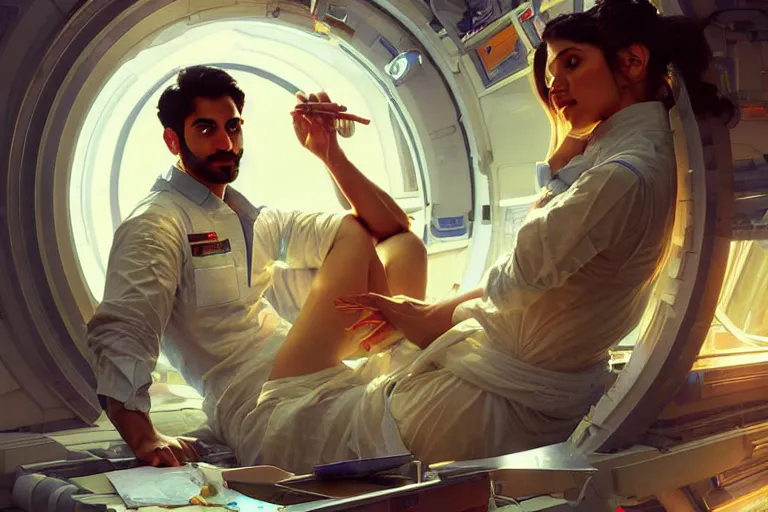 Image similar to Sensual good looking pale young Indian doctors wearing jeans in a space station above Earth performing surgery, portrait, elegant, intricate, digital painting, artstation, concept art, smooth, sharp focus, illustration, art by artgerm and greg rutkowski and alphonse mucha