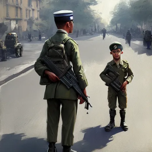 Prompt: A Boy in a military uniform, standing in the middle of the street, in a town, by Greg rutkowski, 4k, trending on artstation