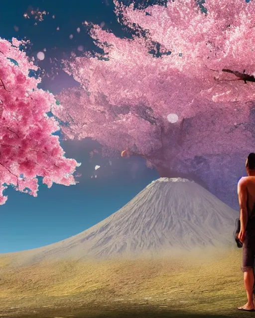 Prompt: A warrior standing near a cherry blossom tree, he is looking at a volcanic mountain that is erupting, 3d render, digital art