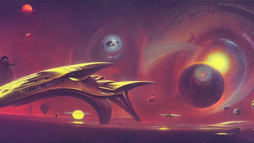 Image similar to spaceship design by paul lehr and jack gaughan and john schoenherr, epic cinematic matte painting
