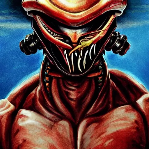 Image similar to a beautiful portrait painting of predator movie alien wearing a samurai. high renaissance.