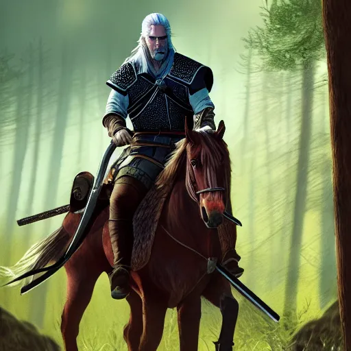 Image similar to Geralt of Rivia riding a horse in forest, 4k, artstation, cgsociety, award-winning, masterpiece, stunning, beautiful, glorious, powerful, fantasy art