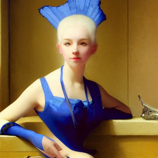 Image similar to a young woman's face, her hair is white and she wears a cobalt blue satin cloak, by ivan aivazovsky and syd mead and moebius and gaston bussiere and roger dean and pieter claesz and paul delaroche and alma tadema and aelbert cuyp and willem claesz, hyperrealistic, volumetric light, octane render