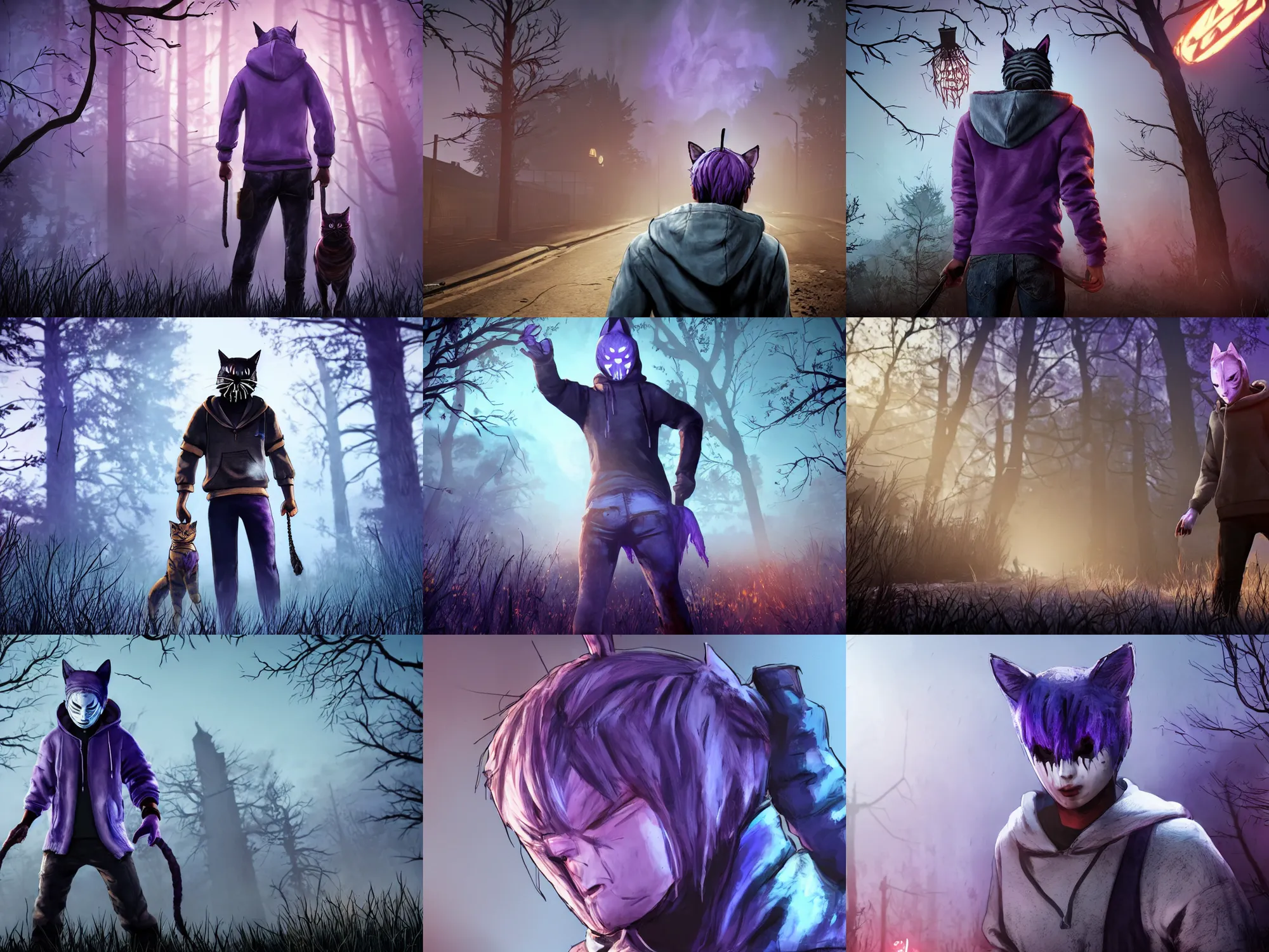 Prompt: purple haired man with cat ears, blue hoodie, in dead by daylight, moody lighting
