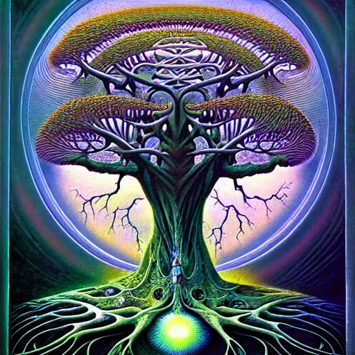 Image similar to tree of life by roger dean and andrew ferez, art forms of nature by ernst haeckel, divine chaos engine, symbolist, visionary, art nouveau, botanical fractal structures, lightning, surreality, lichtenberg figure