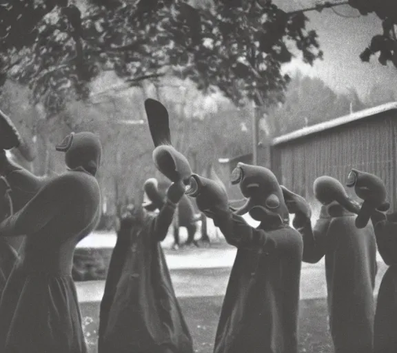 Prompt: creepy duck mask cultists performing a ritual to levitate triangles, old grainy damaged photo 3 5 mm