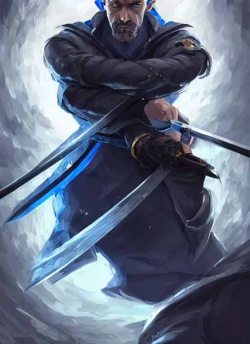 Prompt: a highly detailed illustration of furious short slick back white haired man wearing dark blue coat, bright blue eyes, heroic dramatic wielding katana pose, intricate, elegant, highly detailed, centered, digital painting, artstation, concept art, smooth, sharp focus, league of legends concept art, wlop