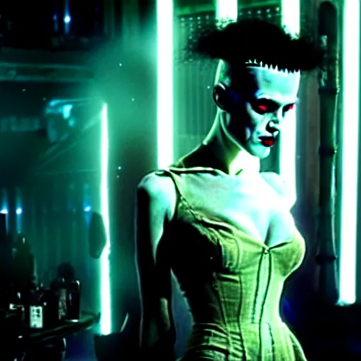 Image similar to cinematic portrait of kristen mcmenamy as bride of frankenstein as a replicant in a busy nightclub, frightened and angry, still from the movie ex machina, fashion photography, a neon sign is in the background