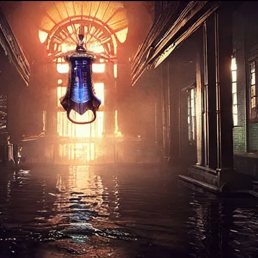 Image similar to screen capture from a live - action bioshock movie. andrew ryan, played by evan peters, is shown standing in an turn of the century style office front of an immense window looking out into the underwater city of rapture. the lights of the city are shining in the distance and an abundance of sea life is shown.