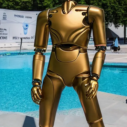 Image similar to a realistic detailed photo of a guy who is an attractive humanoid who is half robot and half humanoid, who is a male android, french actor cyril gossbo, shiny skin, posing like a statue, blank stare, by the pool, on display, showing off his muscles, humanoid robot, frozen ice statue