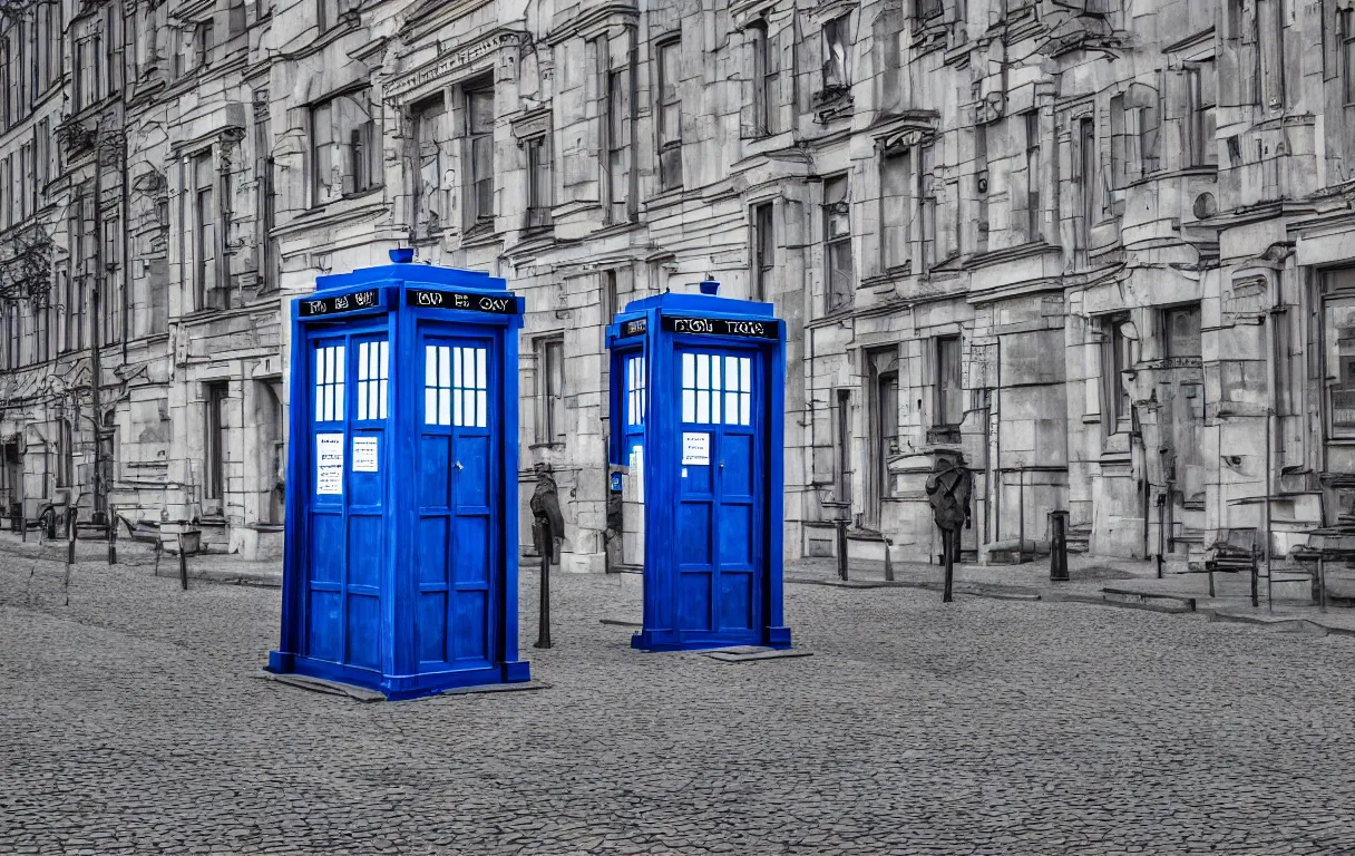 Prompt: the tardis on a street in berlin during 1 9 6 2, colour, highly detailed, photo, photorealistic, sharp focus, 4 k, hdr