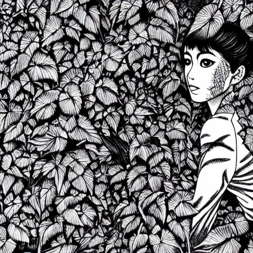 Prompt: a lush vine covered portrait by junji ito