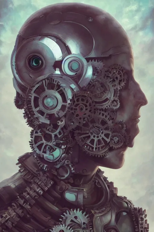 Image similar to portrait of a man made of a gears, by artgerm, tom bagshaw, gerald brom, vaporwave colors, lo fi colors, vaporwave, lo fi, moody vibe, goth vibe, 4 k, hd,