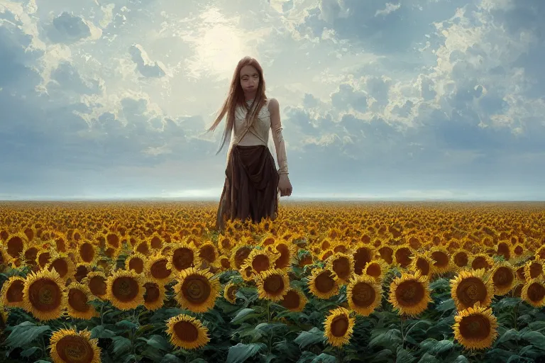 Image similar to a beautiful painting of the sea of sunflowers, girl, by greg rutkowski, trending on artstation