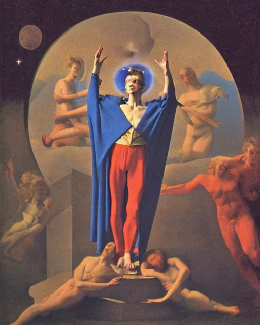 Image similar to david bowie as a diety levitating anmd surrounded by transcendental light by jean auguste dominique ingres, labyrinthine, sacred, mystical