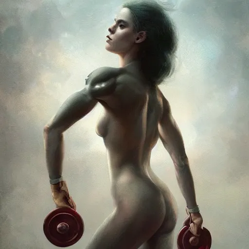 Image similar to painting of a very beautiful girl with muscles lifting weights, very beautiful face, pretty face, very detailed eyes by tom bagshaw, greg rutkowski, wlop