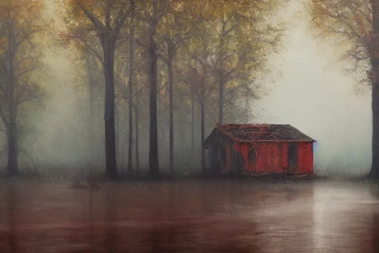 Image similar to A painting of an abadoned building near the river in a forest, it is rainning and the rain is red, oil on canvas, ultra detailed, impressionism, octane rendering