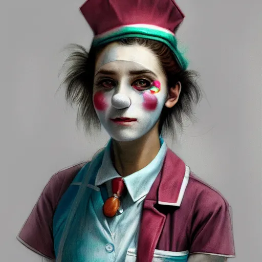 Image similar to clowncore pastel punk young hospital nurse wearing stylish uniform. detailed, portrait, 8 k, artwork by jean - baptiste monge