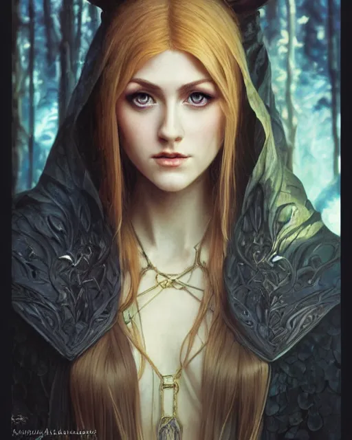 Image similar to portrait of katherine mcnamara elven mage, dark, piercing eyes, gentle expression, elegant clothing, photorealistic, highly detailed, artstation, smooth, sharp focus, art by michael whelan, artgerm, greg rutkowski and alphonse mucha