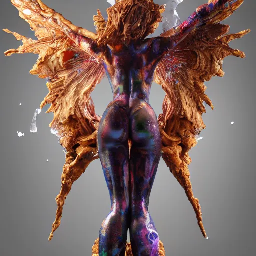 Image similar to Cinestill of A heartbreaking realistic 8k Bernini Sculpture of a stunning intricate cracked multicolored milky cosmic marble Evangelion Fallen Angel Devil Queen. sentient mycelium and misty xparticles. by Yoshitaka Amano, Daytoner, Greg Tocchini,. . Scattered golden flakes, Hyperrealism. Subsurface scattering. Octane Render. Weirdcore