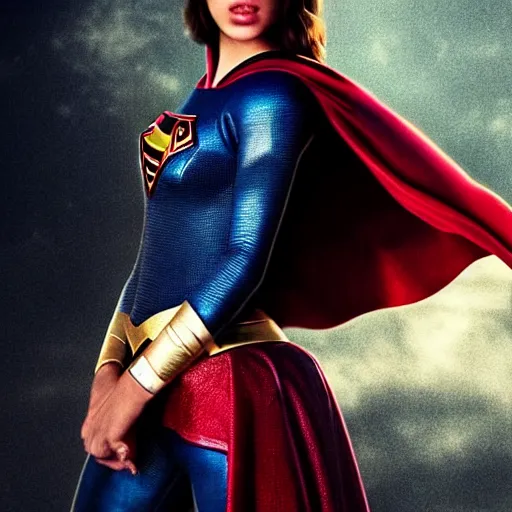 Prompt: a potrait of dua lipa potrayed as Supergirl by Zack Snyder, Christopher Nolan, 8k photorealistic, cinematic lighting, HD, high details, dramatic, trending on artstation, above view, dark atmosphere,